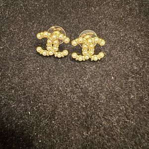 Chanel CC Gold Pearl Stud Earrings